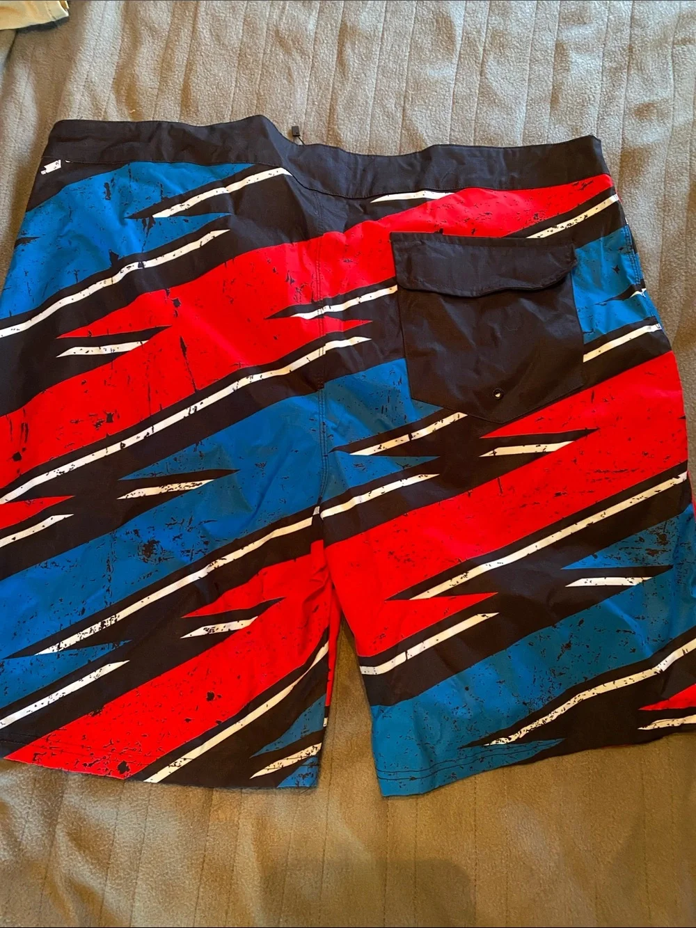 Men's Red & Blue Striped Swim Board Shorts with Drawstring